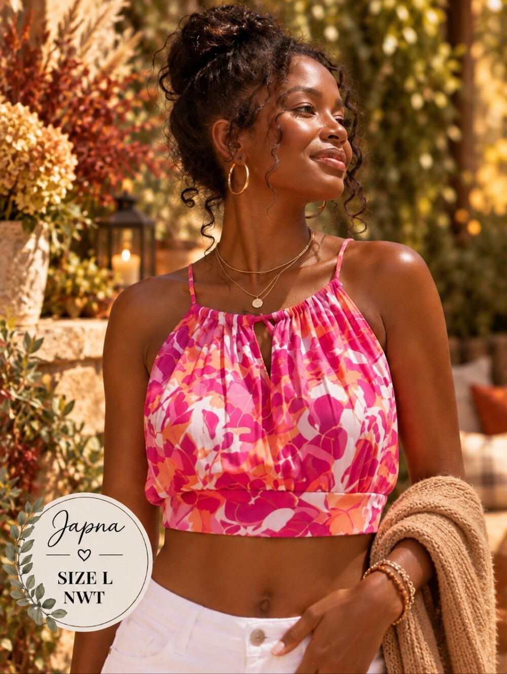 Japna NWT Colorful Floral Cropped Halter Tank | Size L